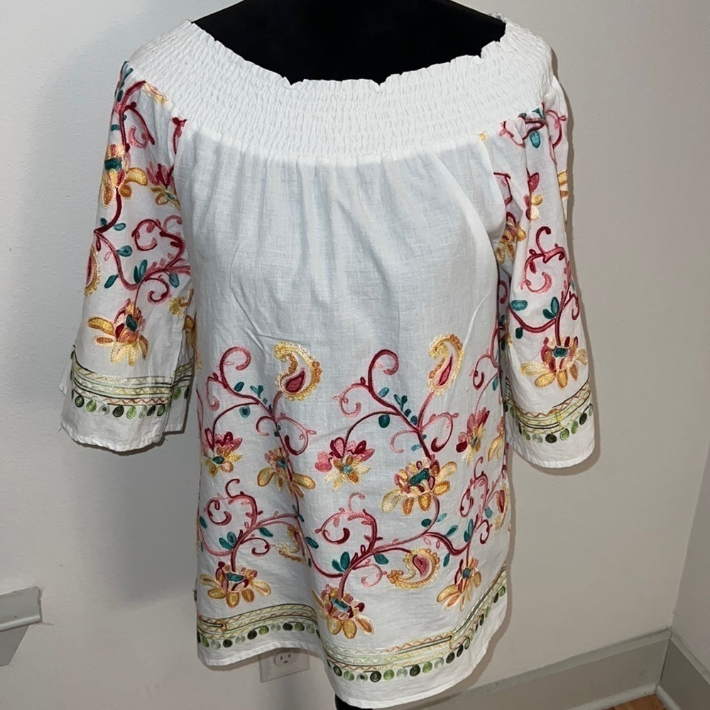 South Main color‎ embroidered Boho white top cotton blouse Sz S